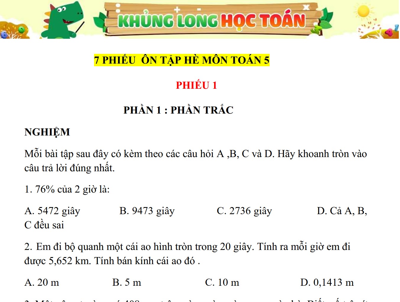 7 Phiếu ôn tập hè môn Toán 5 Miễn phí